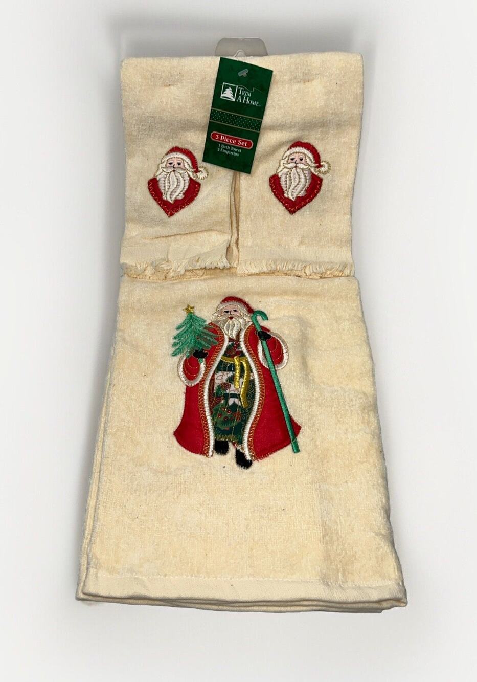 Vtg Kmart Trim A Home Peach W/ Santa & Tree Holiday Towel Set 1 Bath 2 Finger